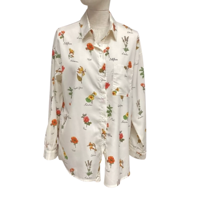 Sanye Womens  Size 28 Long Sleeve Shirt Beige Botanical Pattern 