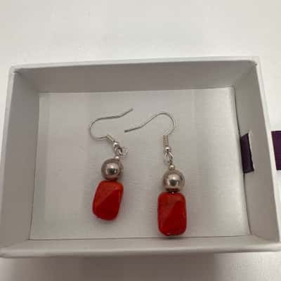  Womens Earrings  with silver coloured bead and Orange stones