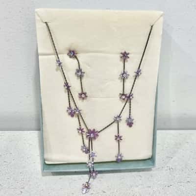 BNWOT Purple Flower Gemstone Drop Necklace & Matching Earrings