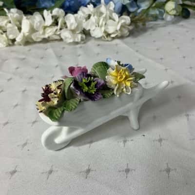Vintage Healacraft Bone China White Wheelbarrow Floral Bouquet Ornament