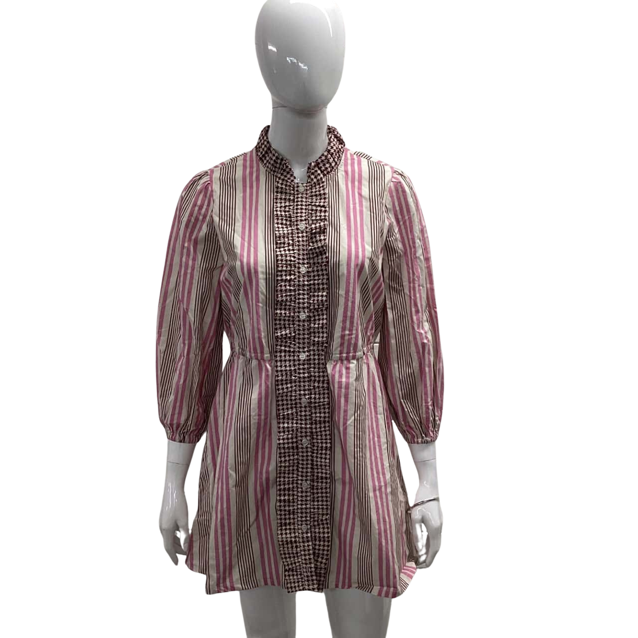 Cecilie Copenhagen - Womens Pink/Brown Striped Frilly Long Sleeve Mini Dress (s) Cecilie Copenhagen - Womens Pink/Brown Striped Frilly Long Sleeve Mini Dress (s)