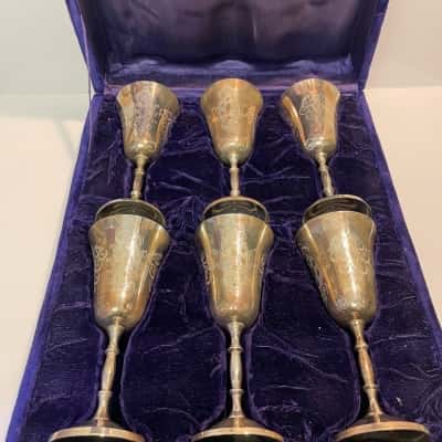 Set Of 6 Vintage E.P.N.S Carved Wine goblets - Indian  