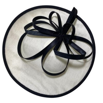 monochrome sinamay disc fascinator with a large bow detail, often styled as a boater or wide-brim hat for formal events like race days