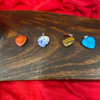 Womens Heart Pendants x 4 Blue  Turquoise, Red Jasper, Tigers Eye & Solalite  