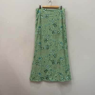 Pepper Mayo  Womens  Size 12 Sequin & Beaded Maxi Skirt Floral / Green 