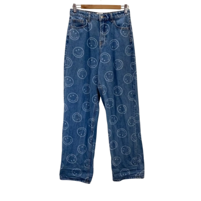 H&M Womens  Size 6 Straight Leg Jeans Blue / White Smiley Face