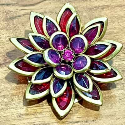 Vintage Bezel Set Red Purple Gold Chrysanthemum Brooch- Just stunning