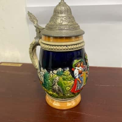 Vintage German Ceramic With Pewter Handle and Lid Beer Stein 