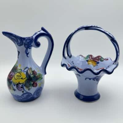 Vintage Vestal Alcobaca Blue Floral Pitcher & Flower Basket Made In Portugal
