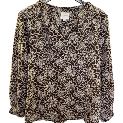 Once/Was Womens  Size M Long Sleeve Top Brown / Pattern / White 