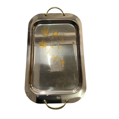 Vintage Mid-Century Italian Mirror Polished Inox Serving Tray with 24k Gold Accents