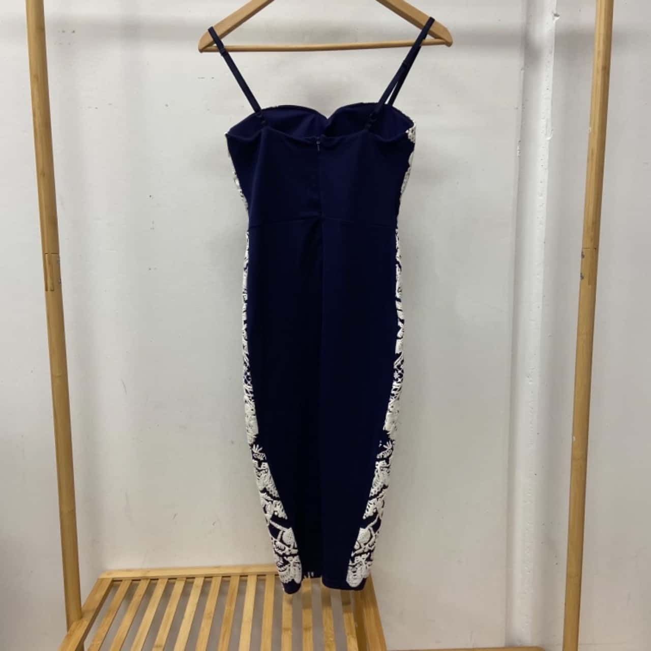 Lipsy Womens Size 10 Lace Print Bodycon Dress Navy Blue (s)