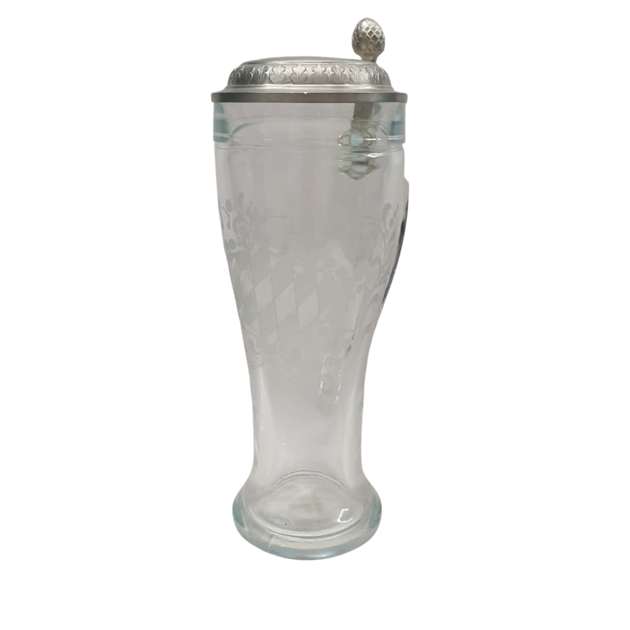 Vintage Decorative Etched Tall Glass Beer Stein With Pewter Lid Made