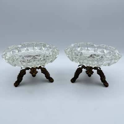 Vintage Italian Brass footed Crystal Ashtrays x 2