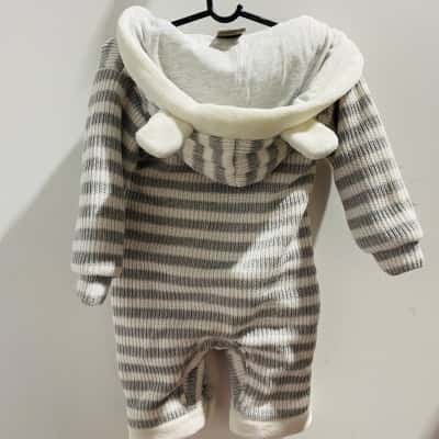  Kids  Size 6-12m Onesie Silver / White with a hood with bunny ears