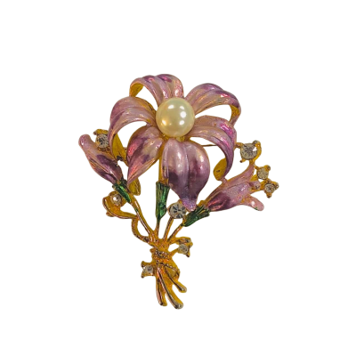 Vintage Purple Enamel Faux Pearl Brooch