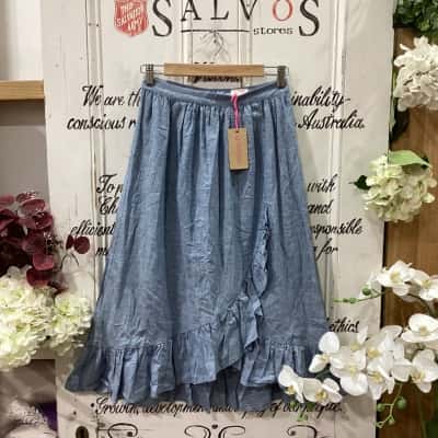 Gorman Brand! BNWT RRP 189.00! THE CHAMBRAY FRILL WRAP SKIRT! Womens  Size 8 Midi Skirt / Wrap Skirt Blue 