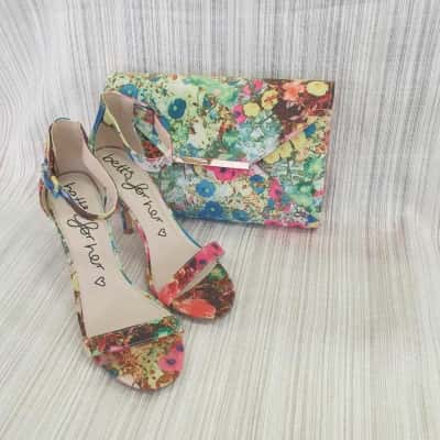 Betts For Her Absolutely Stunning Floral Fabric High Heel Sandals Size 7 & Matching Clutch/Shoulder Bag with Gold Tone Chain Strap 