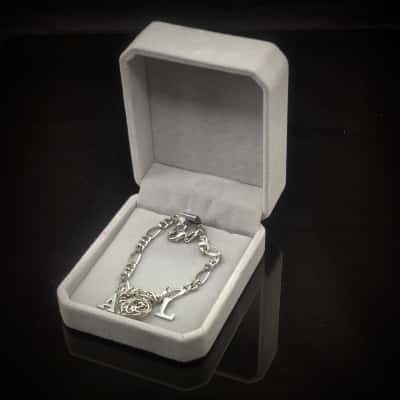 Silver 925 Cuban Link Bracelet 18cm With Heart, Includes 2 x 925 Silver Initials A & L In Velvet Gift Box