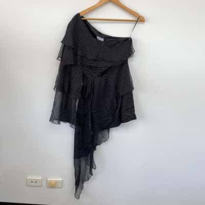 RUNAWAY Black SIlver One Shoulder Long Sleeve Ruffle Mini Dress  Size S 