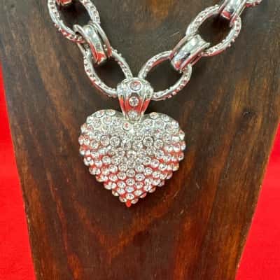  Women's Silver Tone Chunky Chain Necklace with a Large Pave-set Rhinestone Heart Pendant