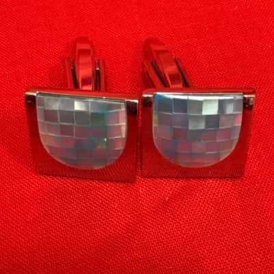 Men's Silver Tone  Rectangular Blue Insert Mosaic - Style Design Cufflinks 