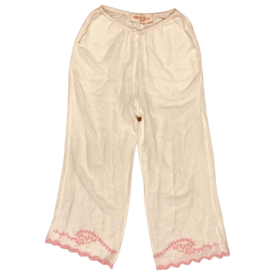 KINGA CSILLA, Women’s Size 6, White, Linen Pants w/ Pink Embroidery 