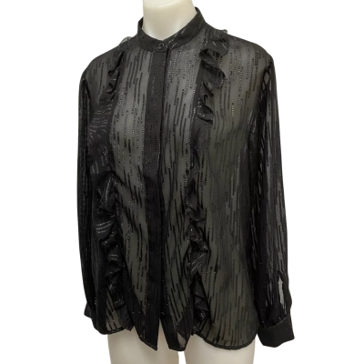 Cue Womens  Size 6 Long Sleeve Sheer Sparkly Shirt Black  