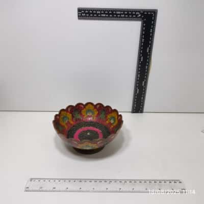 Vintage India Etched Brass Enamel Peacock Bowl 