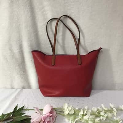 Womens Textured Red Tote Bag with Brown Straps