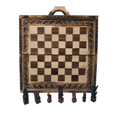Handmade Carved Wooden Chess Set and Board Case
