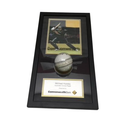Framed Michael Hussey Signed Cricket Ball & Photograph