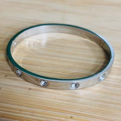 Silver Stainless Steel Bangle With Crystals 