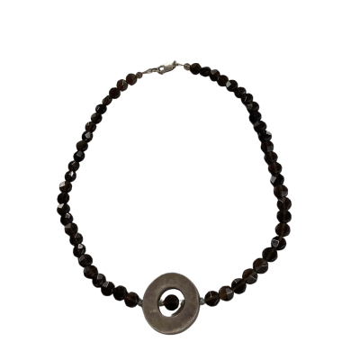 Modern Beaded Necklace with silver-tone circle pendant