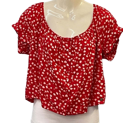 Roxy Womens Size 14 Button Up/Cropped/Short Sleeve Top Floral/Red/White