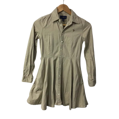 Ralph Lauren Girls Size 12 Beige Long Sleeve Button Up Shirt Dress