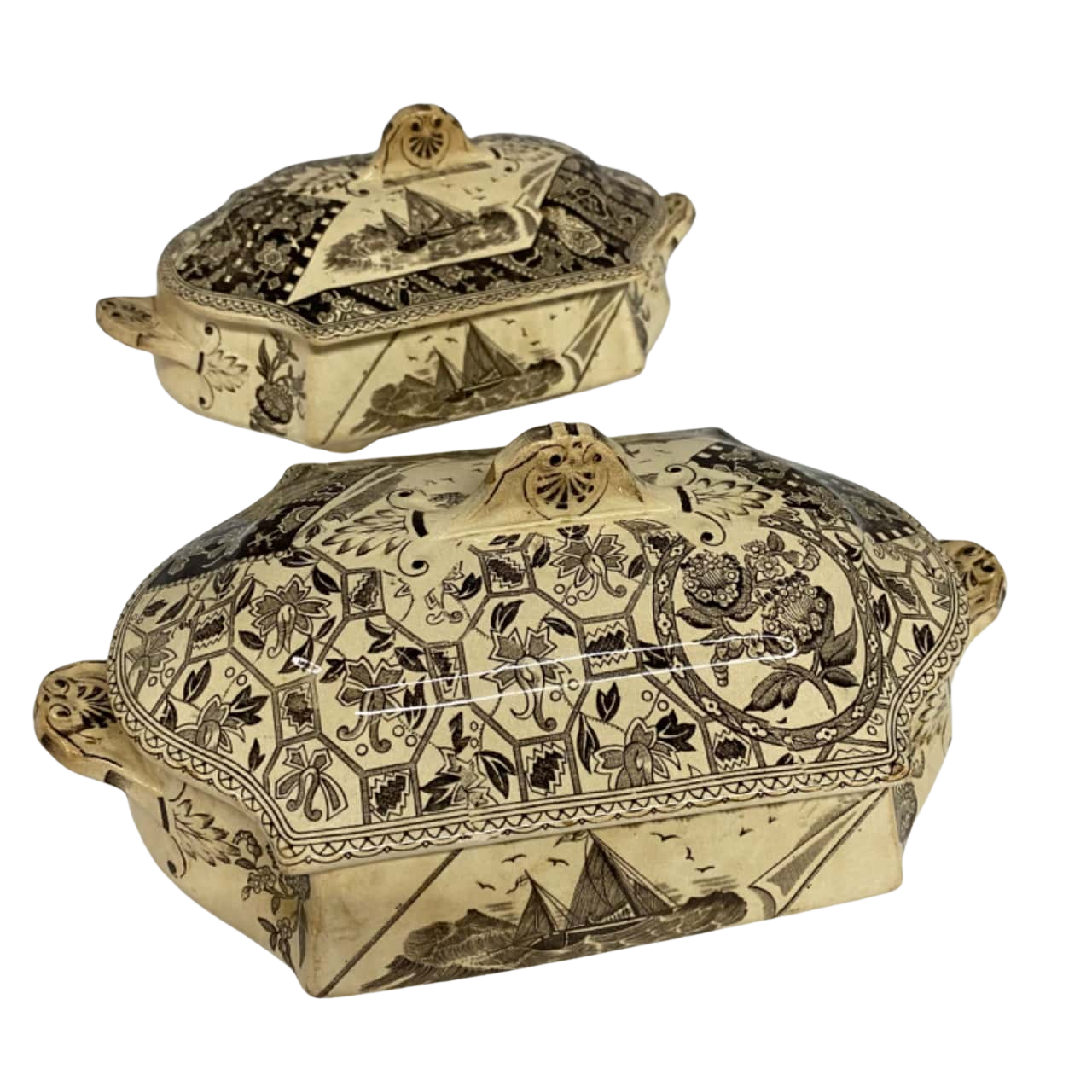 2x Victorian Brown Transferware Porcelain Tureens