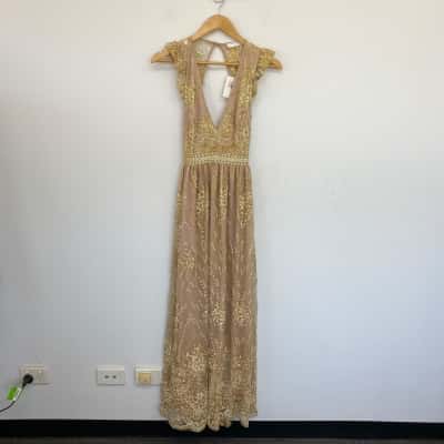 HELLO MOLLY Champagne Gold Embellished Tulle Open Back Evening Maxi Dress  Size 6 / XS 
