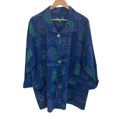 Global Kiwis by Liman C Womens  Size L Button Up Top / Long Sleeve Top Multicoloured / Navy Blue / Pattern 