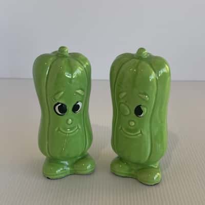 Vintage Japan Ceramic Green Pickles Salt & Pepper Shakers 