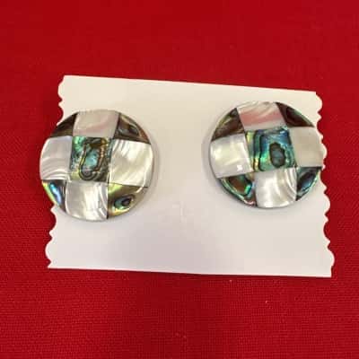 Women's Abalone & Mother of Pearl Mosaic Inlay Button Earrings 