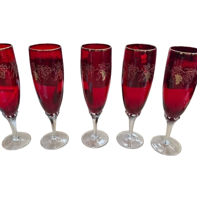 Vintage Bohemia Ruby Red Champagne Glasses with Gold Grapevine Detail - Elegant Crystal Wine Flutes set of 5