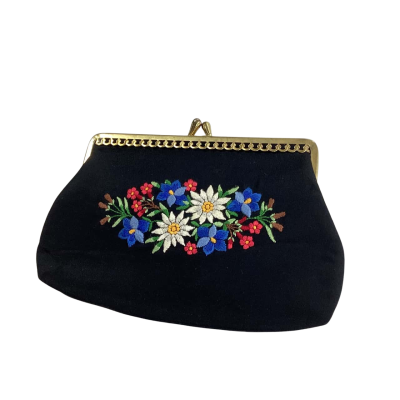 Vintage Embroidered Floral Coin Purse with Red Satin Lining