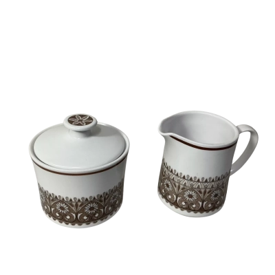 Noritake Progression Century White / Brown Floral Pattern Lidded Sugar Bowl & Milk Jug
