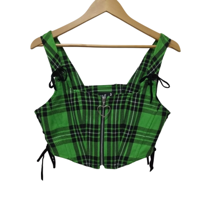 Hell Bunny Womens Corset Size S Sleeveless Top Black  / Checked / Green 