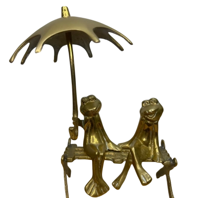 Vintage Brass Frogs on Park Bench with Umbrella 