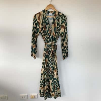 Love From Italy Green Beige Pattern Long Sleeve Button Up Maxi Dress One Size 