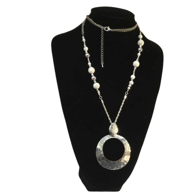 Silver Tone Circle & Bead Long Necklace  Adjustable