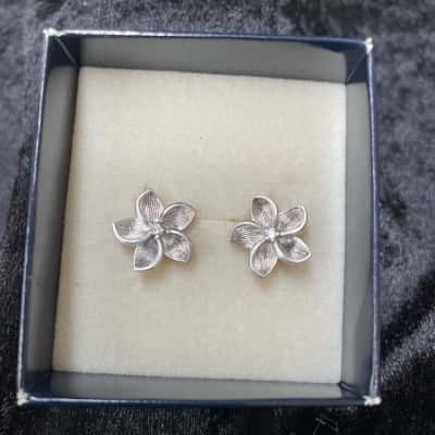 Flower Stud Earrings Sterling Silver with Crystal Inlay 