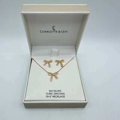 Charlotte & Lexi 925 CZ Bow Earring & Necklace Set In Box